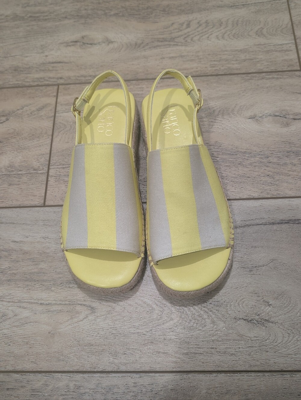 Franco Sarto Yellow and Silver Stripe Slingback Sandals